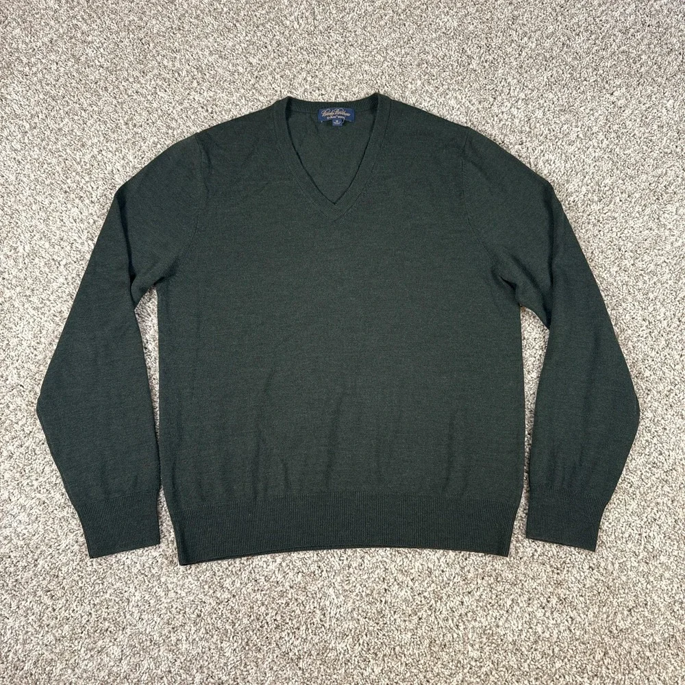 Brooks Brothers Sweater Mens Medium Green Saxxon Wool V Neck Pullover Knit
